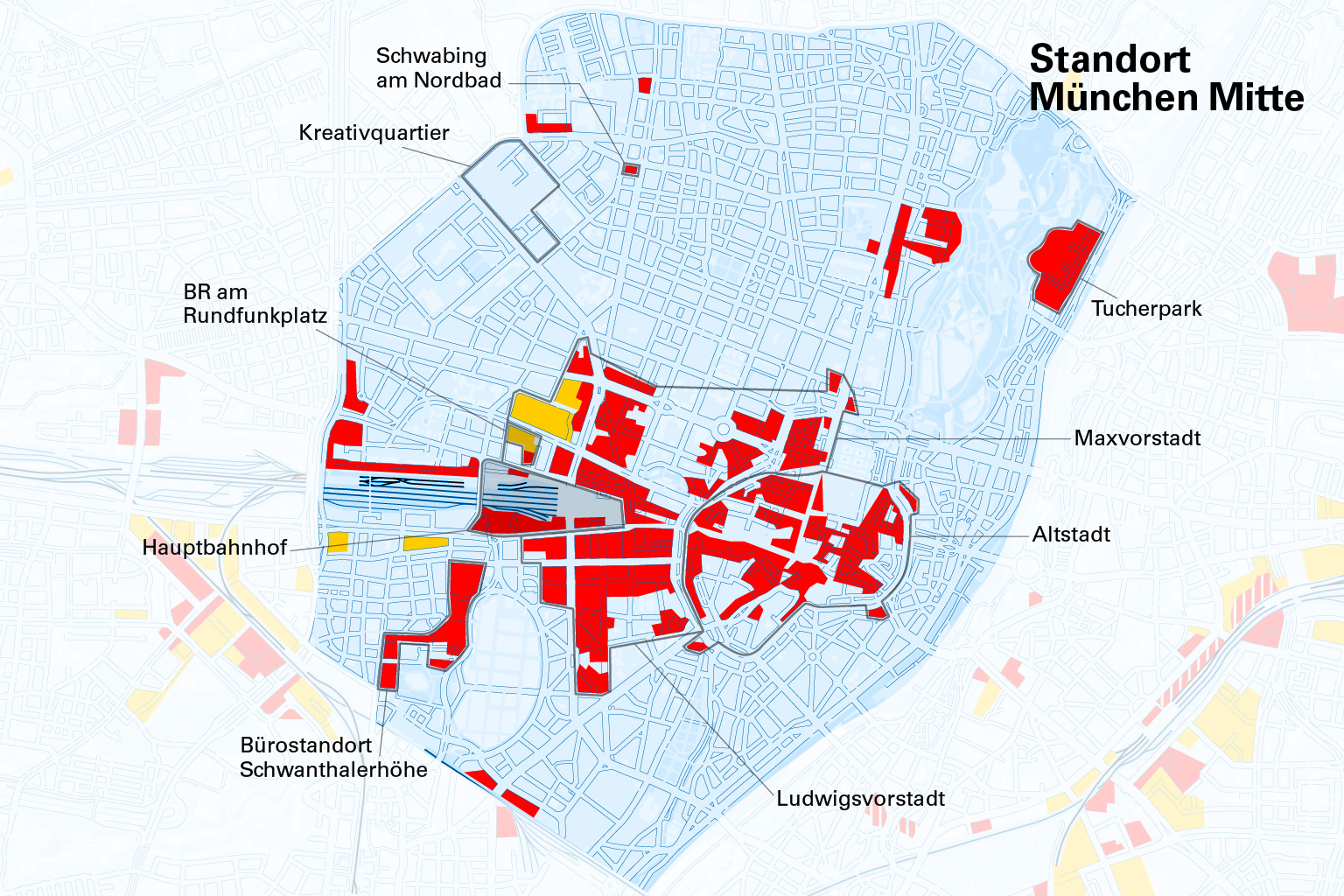 Karte der Münchner Innenstadt mit gelb herausgehobenen Gewerbeflächen