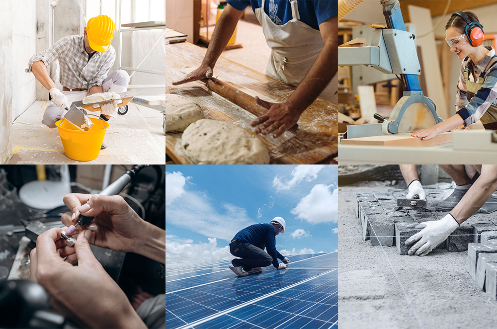 sechs kleine Bilder von verschiedenen Handwerken