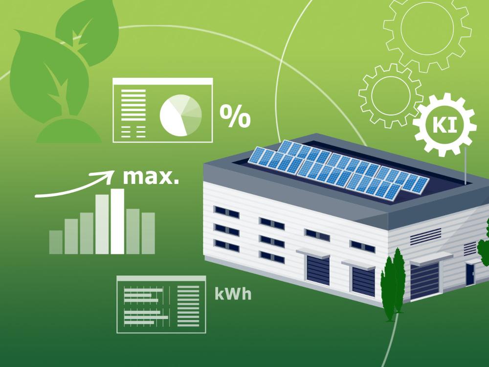 Grafik eines Gebäudes mit Solarpaneelen und Grafiken über Energieverbrauch