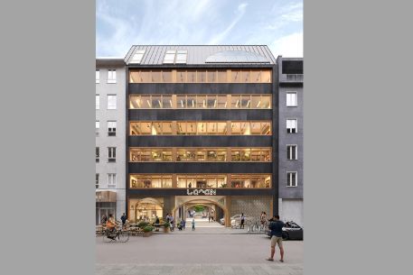 Fassade Bürogebäude mit Gastronomie landN