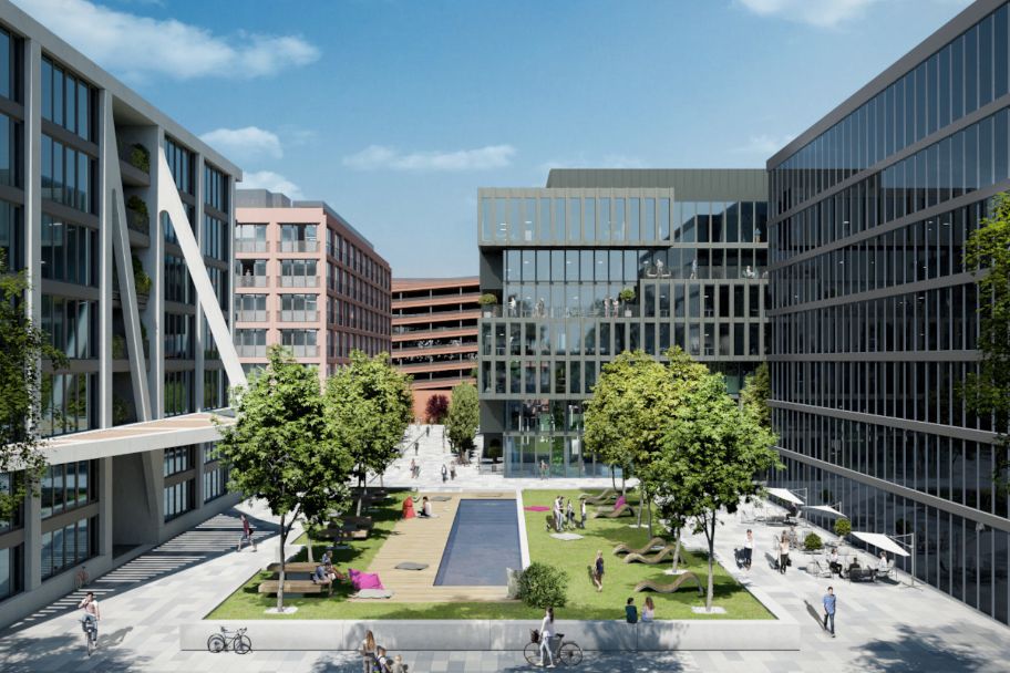 Fassade und Vorplatz von VIERTEL FOUR Campus Freimann