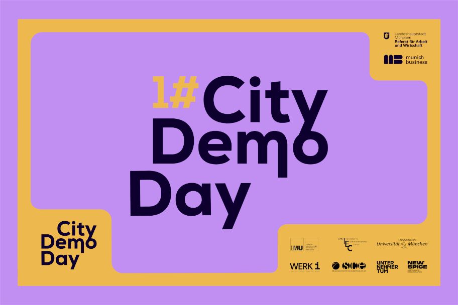 Goldgelber Rahmen auf fliederfarbenem Hintergrund mit Text City Demo Day Nummer eins