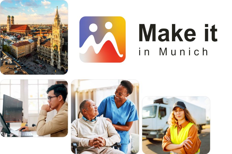 Bilder von Fachkräften und Logo Make it in Munich