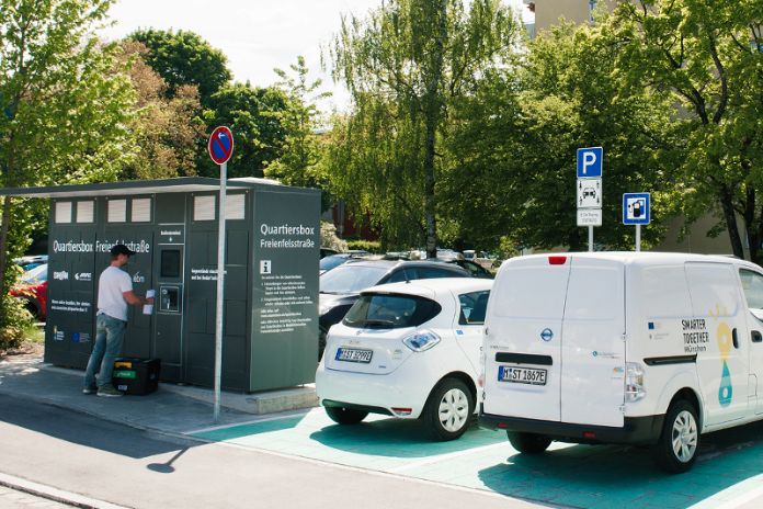 Mobilitätsstation mit Get Now Boten an der Quartiersbox