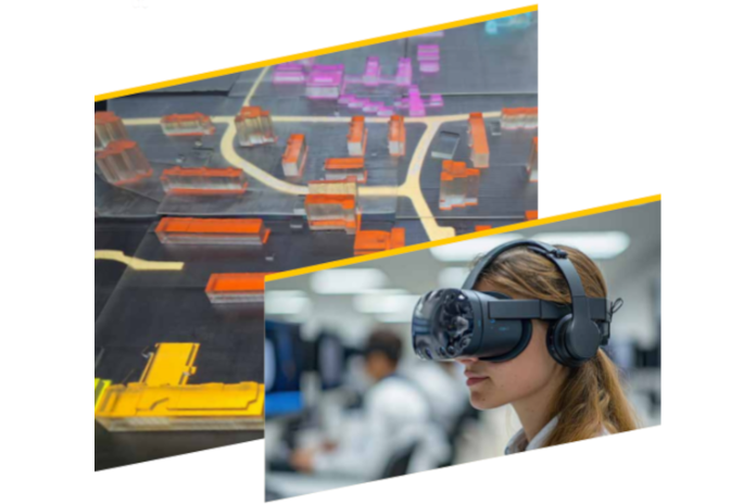 Titelmotiv Forschungs- und Innovationsbericht der Stadt München Bild von Frau mit VR-Brille und Modellgebäude auf einer Fläche