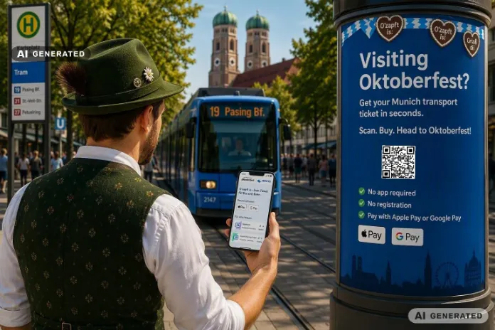 A man holding a smartphone scans a QR code to buy a public transport wallet ticket