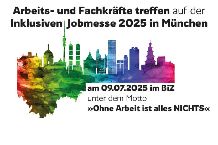 Plakat mit bunter München-Silhuette und Titel 