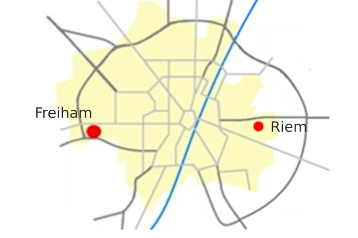Lage der Gewerbegebiete Freiham und Riem als rote Punkte links und rechts im München-Plan