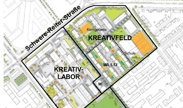 Grafische Darstellung der geplanten Bebauung im Kreativquartier an der Schwere-Reiter-Straße Ecke Dachauer Straße