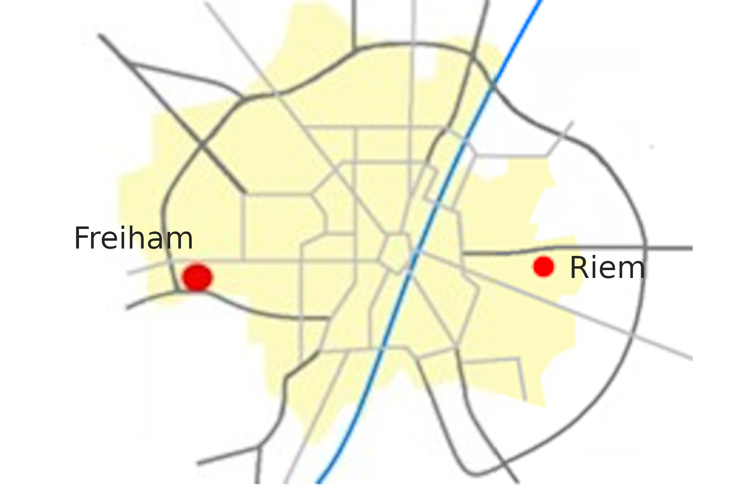 Lage der Gewerbegebiete Freiham und Riem als rote Punkte links und rechts im München-Plan