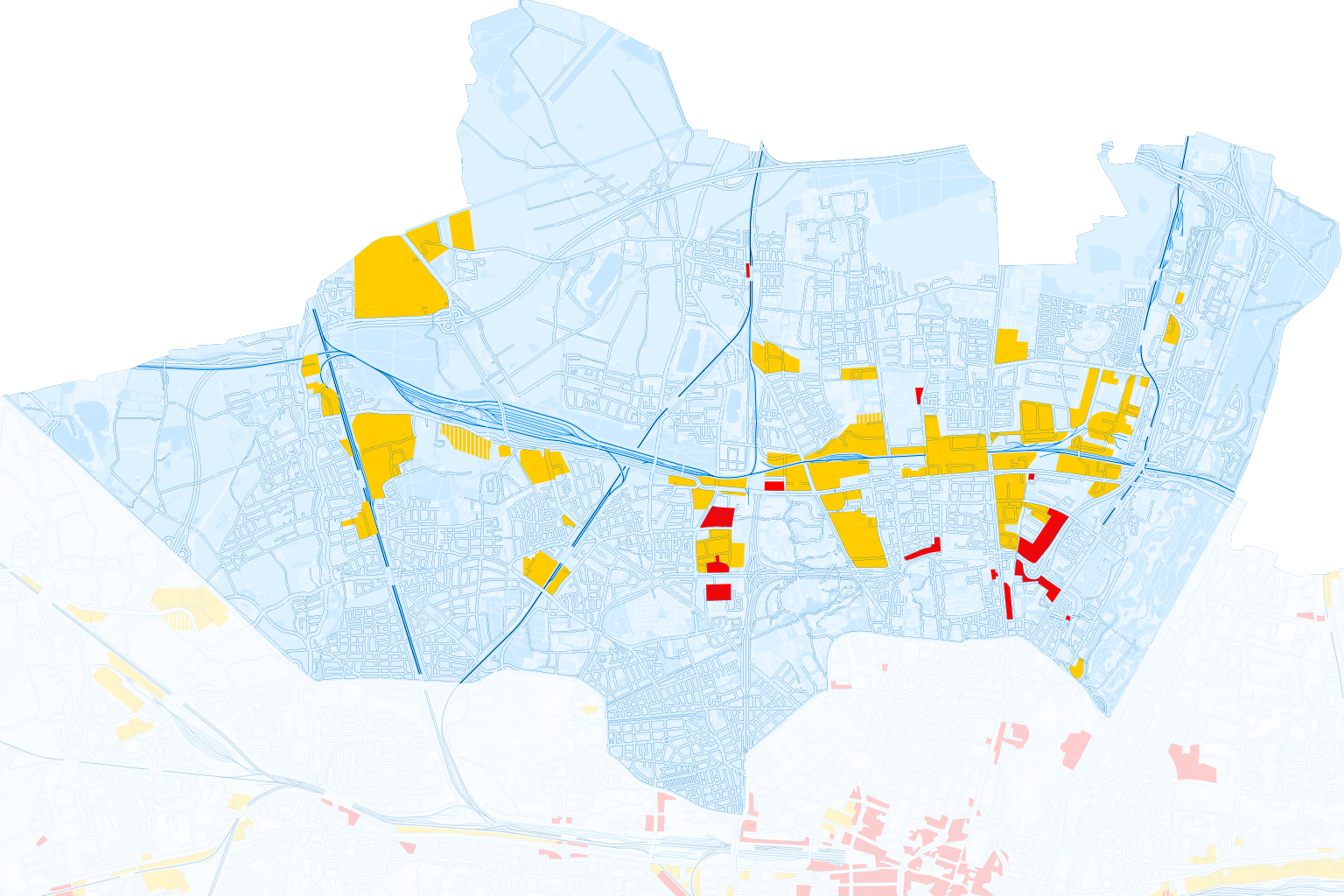 Münchenkarte Ausschnitt Norden mit Gewerbeflächen gelb und rot herausgehoben