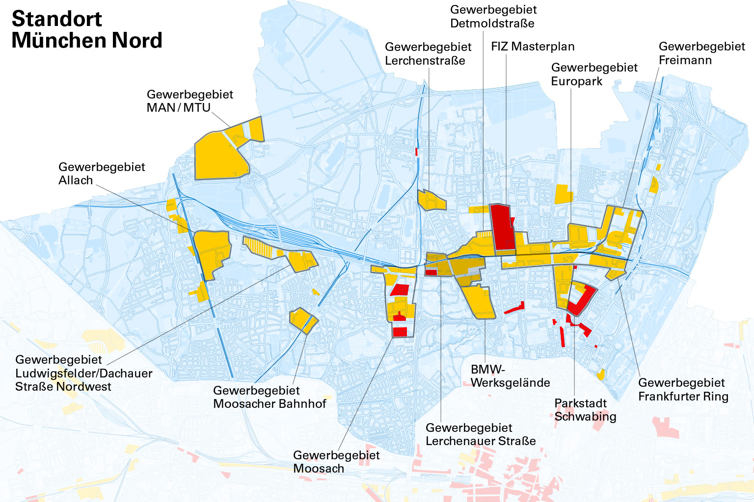 Münchenkarte Ausschnitt Norden mit Gewerbeflächen gelb und rot herausgehoben