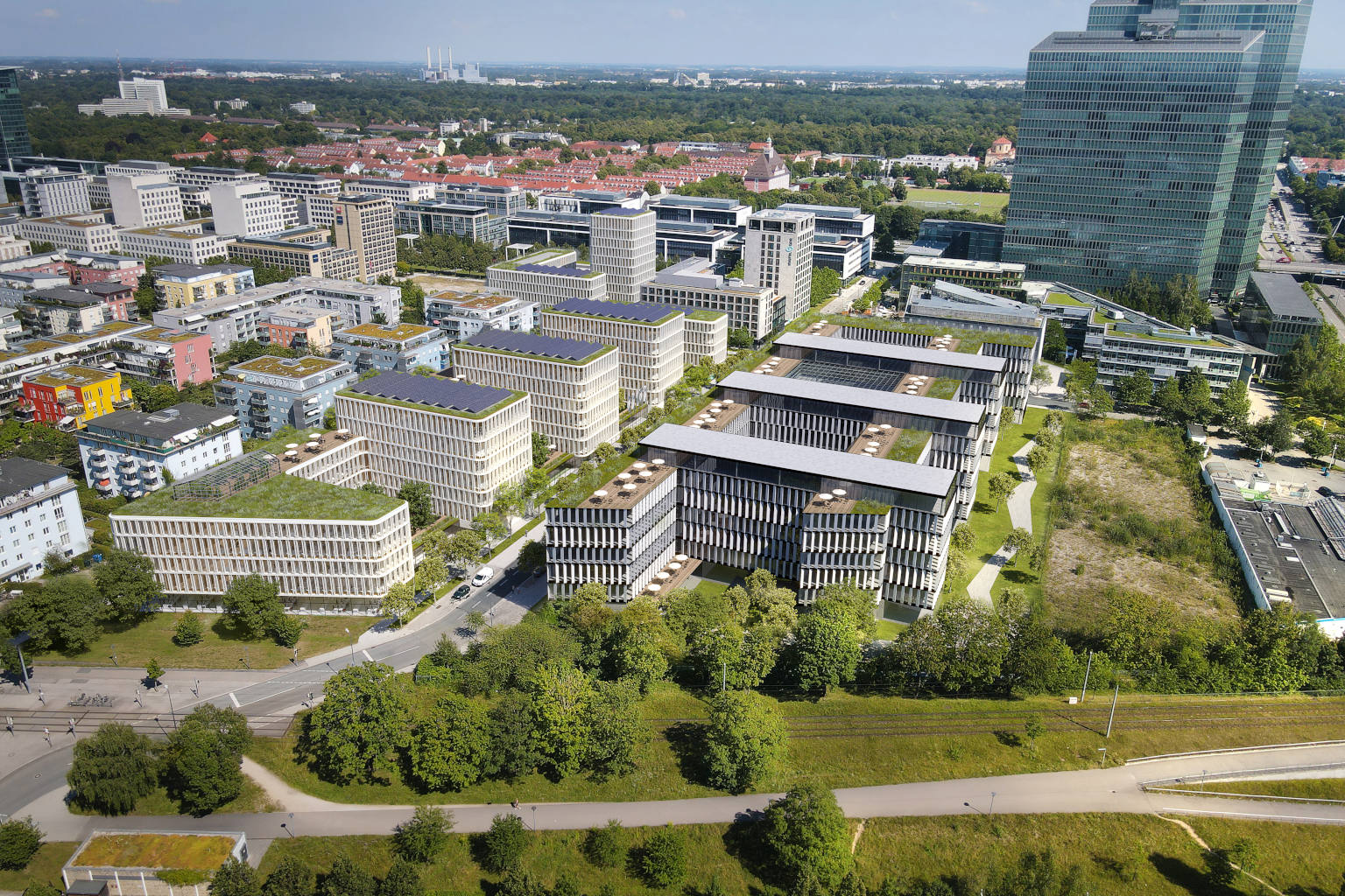 Luftbild des Büro-/ Gewerbequartiers Parkstadt Schwabing