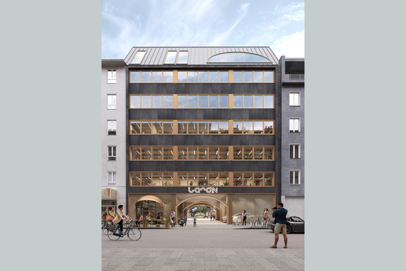 Fassade Bürogebäude mit Gastronomie landN © Urban Progress GmbH Fassade Bürogebäude mit Gastronomie landN