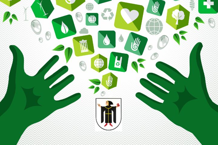 Hände verteilen Symbole für Nachhaltigkeit, LHM-Logo