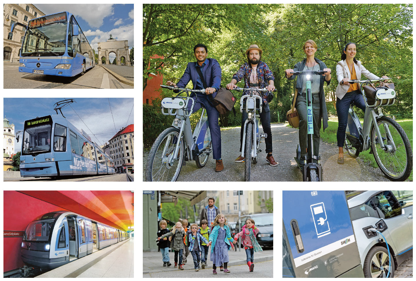 Verkehrsmittel in München, Fahrradfahrer*innen [Fotos: MVG/Kerstin Groh (4), SWM/Steffen Leiprecht (1), Tobias Hase (1)]