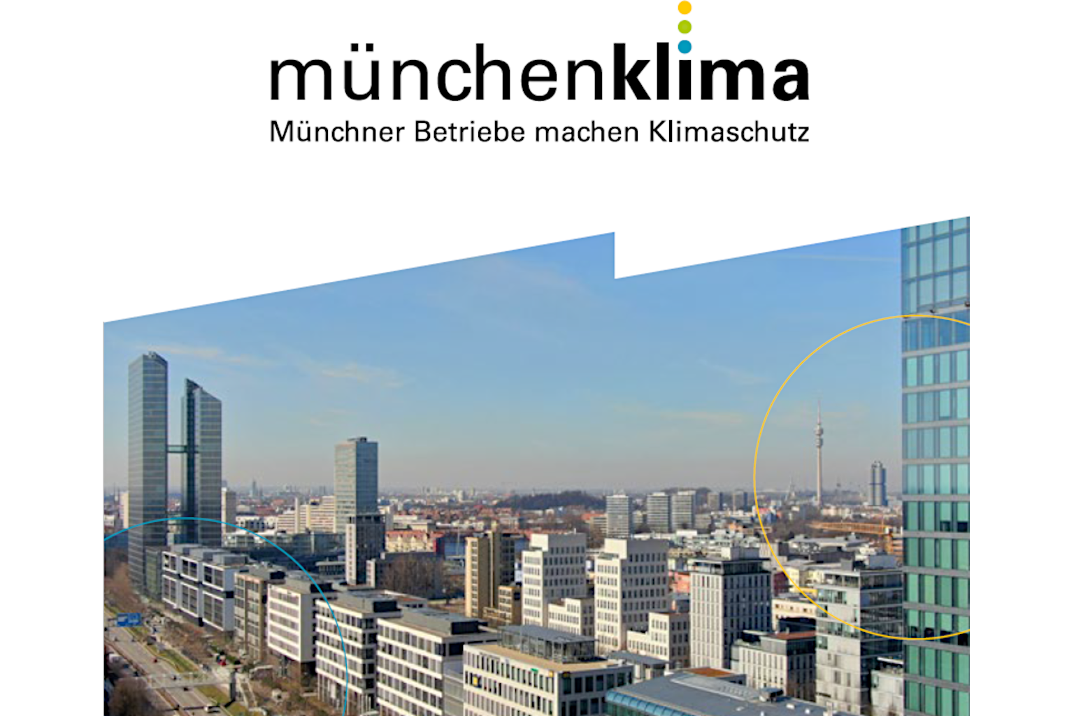 münchenlima Logo und Titelbild des Flyers, Blick von Norden Richtung Olympiaegelände mit Parkstadt Schwabing im Vordergrund